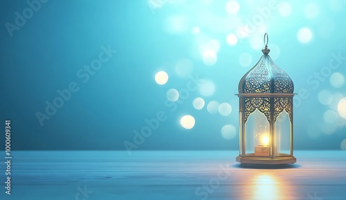 Eid Mubarak and Ramadan Kareem greetings with an Islamic lantern behind the Arabic lamp on a blue background.