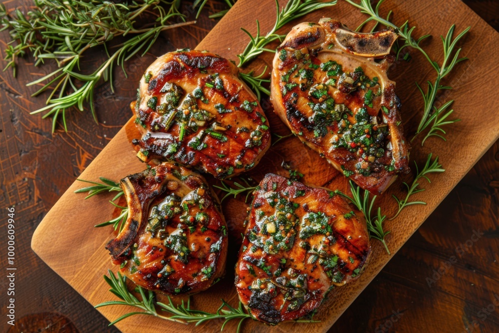 Fototapeta premium Grilled pork chops with garlic, rosemary, and sage on a wooden board for a rustic and savory meal
