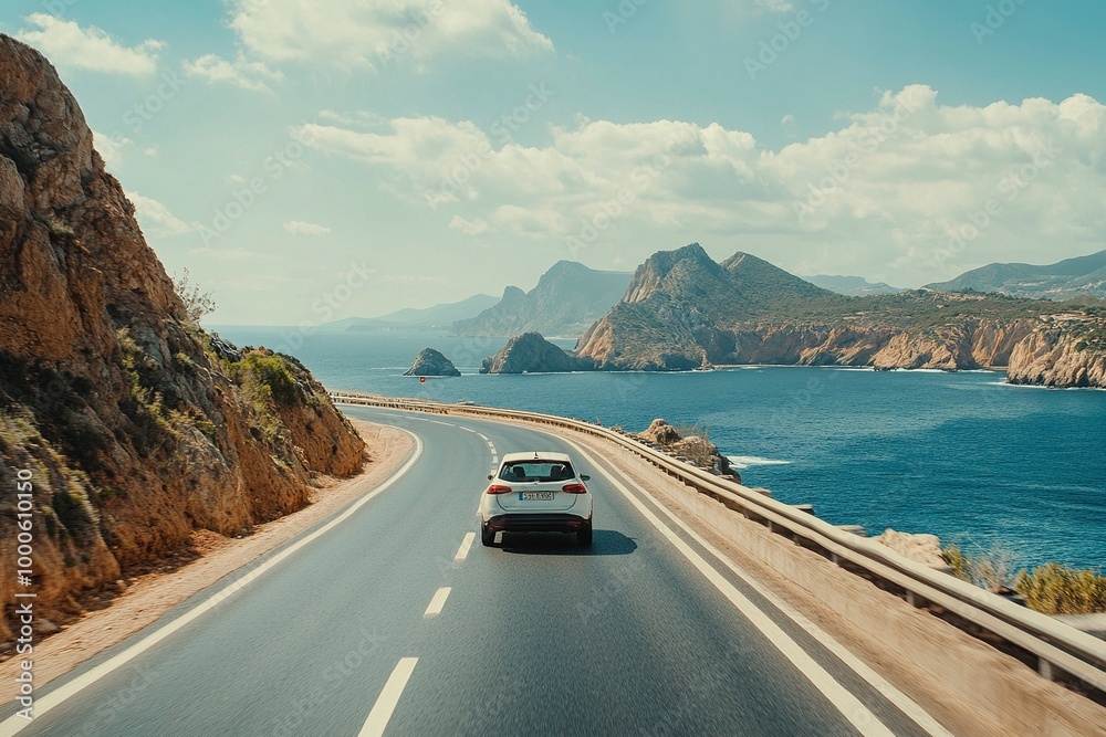 White car drive on road of mediterranean beach. driving on coast of Spain. Highway view on coast on way to summer holiday. Europe travel trip in sea coast road landscape. generative ai White car drive on road of mediterranean beach. driving on coast of Spain. Highway view on coast on way to summer holiday. Europe travel trip in sea coast road landscape. generative ai