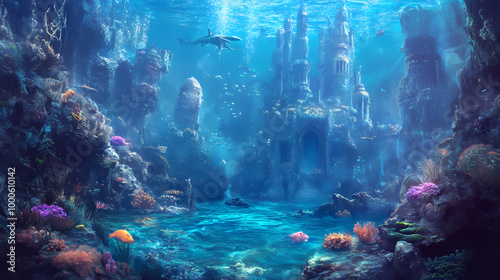 Expansive underwater realm scene. Merfolk Kingdom. Illustration photo