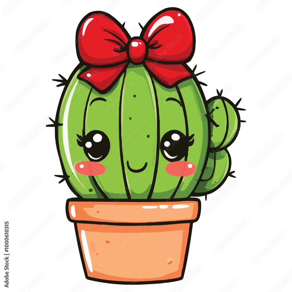 Vector Cute chibi cactus with a red bow on its head Vector Cute chibi cactus with a red bow on its head