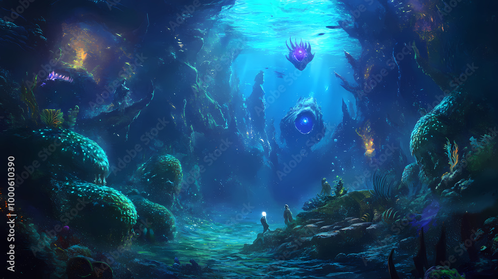 Explore an underwater kingdom where merfolk with bioluminescent faces forge alliances with sentient sea creatures in the depths. Merfolk Kingdom. Illustration Explore an underwater kingdom where merfolk with bioluminescent faces forge alliances with sentient sea creatures in the depths. Merfolk Kingdom. Illustration