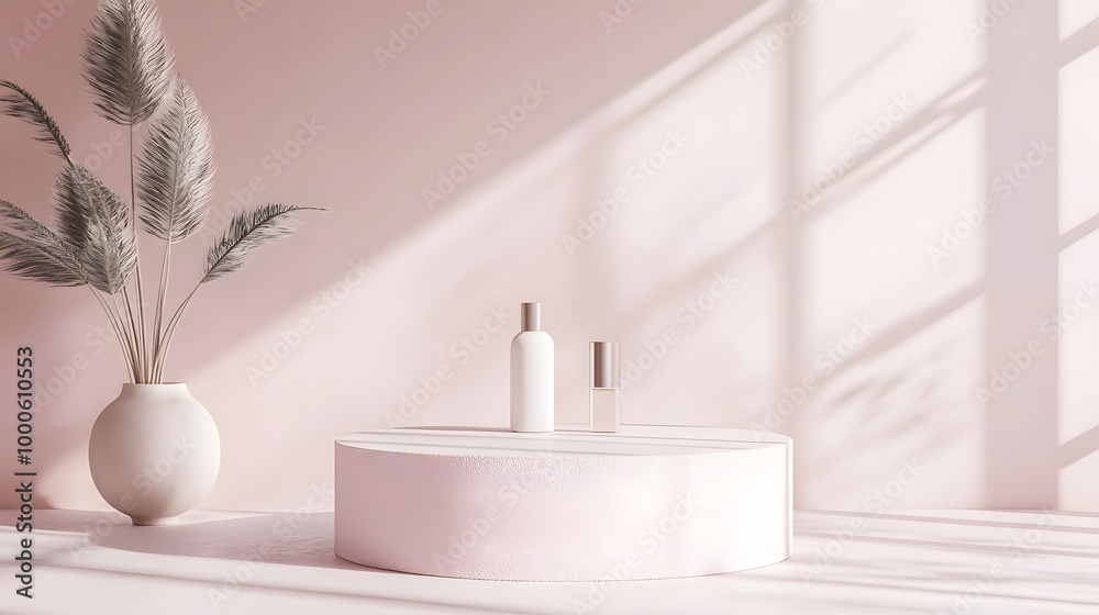3. A minimalist 3D scene showcasing a geometric podium in a soft pink studio, providing an ideal stage for displaying cosmetic products with a contemporary feel 3. A minimalist 3D scene showcasing a geometric podium in a soft pink studio, providing an ideal stage for displaying cosmetic products with a contemporary feel