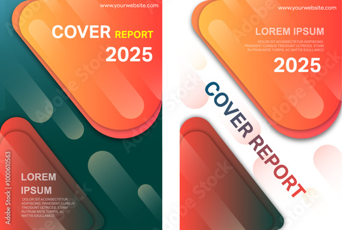 A set of two modern cover report designs, featuring abstract geometric shapes with rounded rectangles in orange, red, and green gradients. The background alternates between dark green and whi