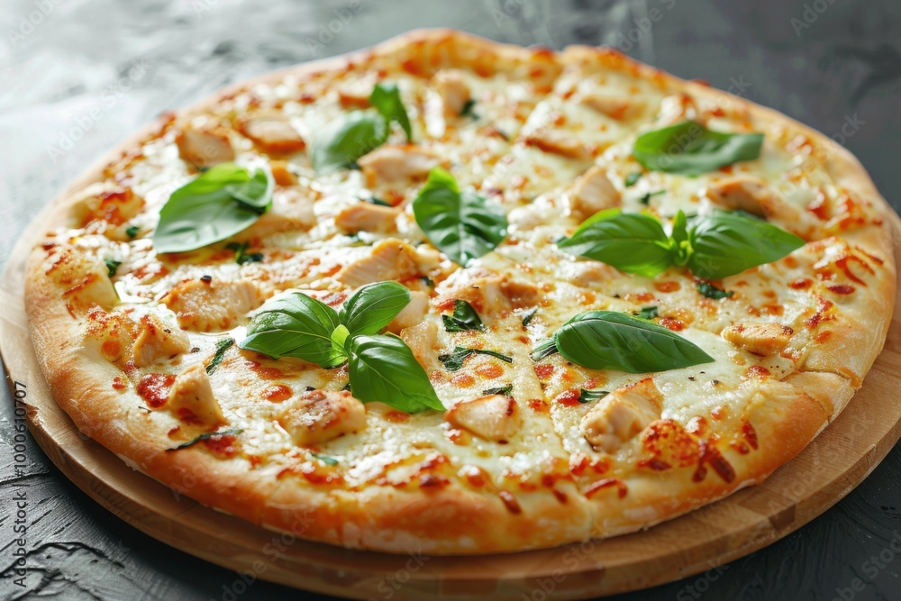 White chicken pizza with mozzarella, fresh basil, and creamy sauce on a crispy crust for a delicious Italian meal
White chicken pizza with mozzarella, fresh basil, and creamy sauce on a crispy crust for a delicious Italian meal