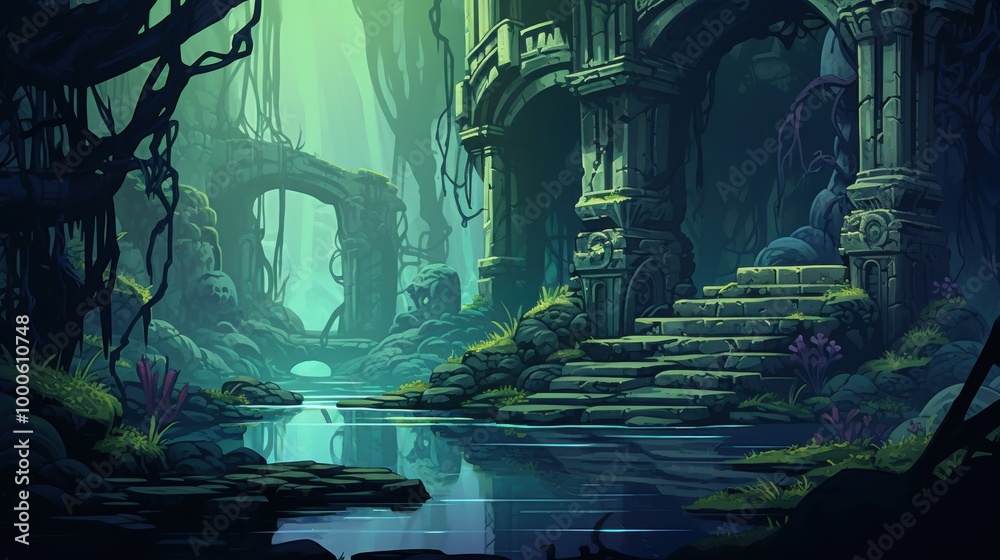 Fototapeta premium Ancient Stone Structure Overgrown by Jungle Vines and a River