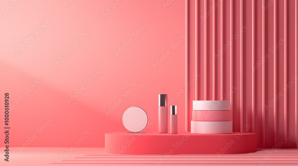 4. A chic 3D background featuring a sleek geometric platform, set in a pink-hued studio, designed to highlight cosmetic products on a modern display stand 4. A chic 3D background featuring a sleek geometric platform, set in a pink-hued studio, designed to highlight cosmetic products on a modern display stand