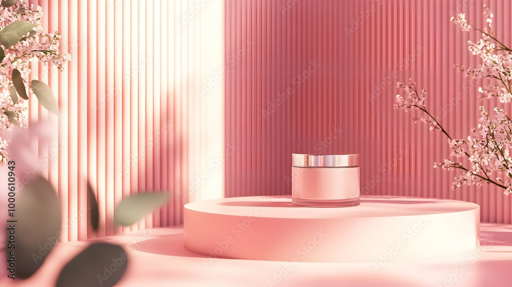 4. A chic 3D background featuring a sleek geometric platform, set in a pink-hued studio, designed to highlight cosmetic products on a modern display stand 4. A chic 3D background featuring a sleek geometric platform, set in a pink-hued studio, designed to highlight cosmetic products on a modern display stand