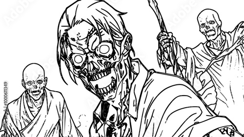 Halloween theme zombi art outline for colouring purposes and greetings.	