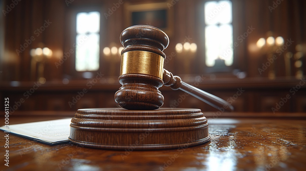 A wooden gavel rests on a sound block on a courtroom table with an open book in the foreground. A wooden gavel rests on a sound block on a courtroom table with an open book in the foreground.