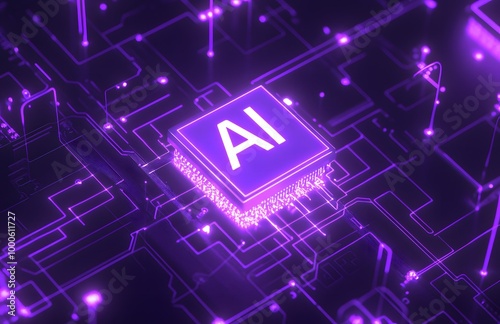 A digital illustration of AI in bold white letters, floating above an abstract circuit board background with glowing nodes and wires. 