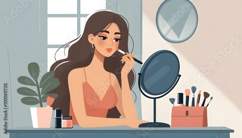 Vector art of a girl by the mirror doing her face makeup