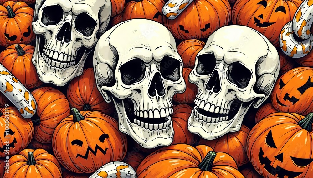 Title suggestion for the image: Spooky Halloween Skull and Crossbones with Skeleton Bones
