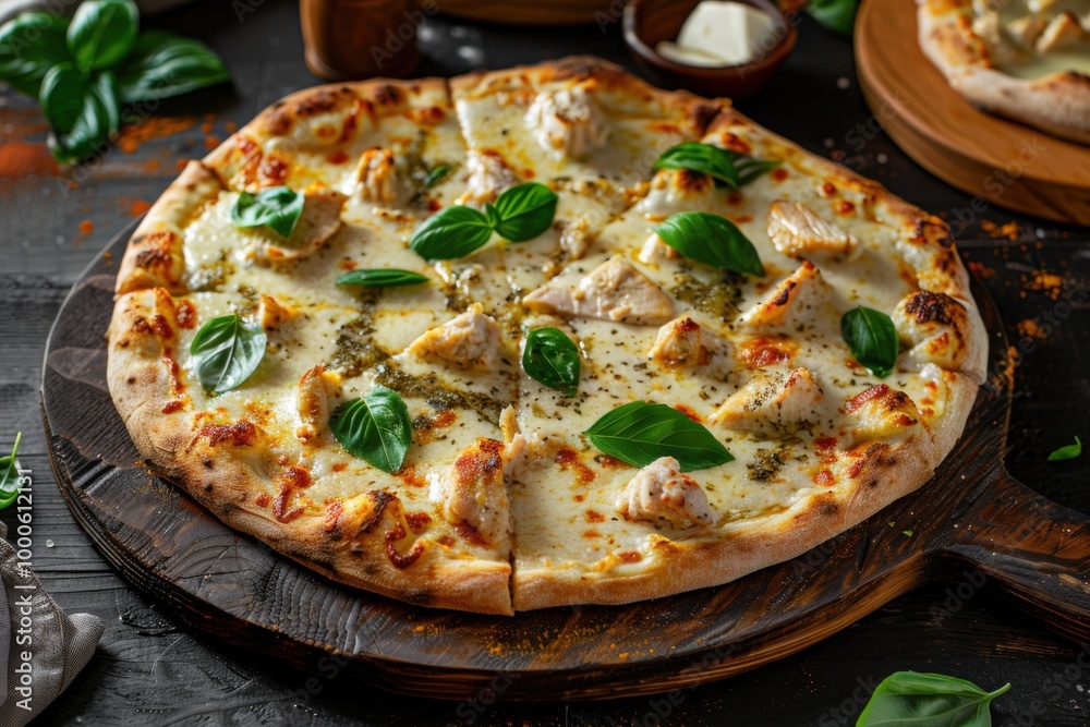 Cheesy chicken pizza topped with fresh parsley and garlic on a crispy crust for a hearty Italian meal
Cheesy chicken pizza topped with fresh parsley and garlic on a crispy crust for a hearty Italian meal