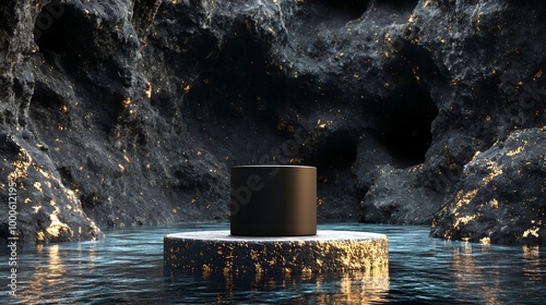 4. A striking 3D rendering of a round rough stone pedestal surrounded by deep water, featuring a black cylinder and gold glitter decor, creating a lavish empty space for luxury product promotion photo