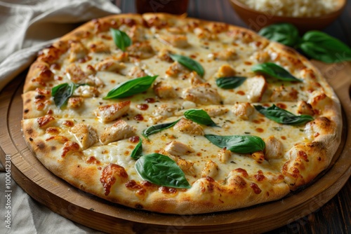 Cheesy chicken pizza topped with fresh parsley and garlic on a crispy crust for a hearty Italian meal