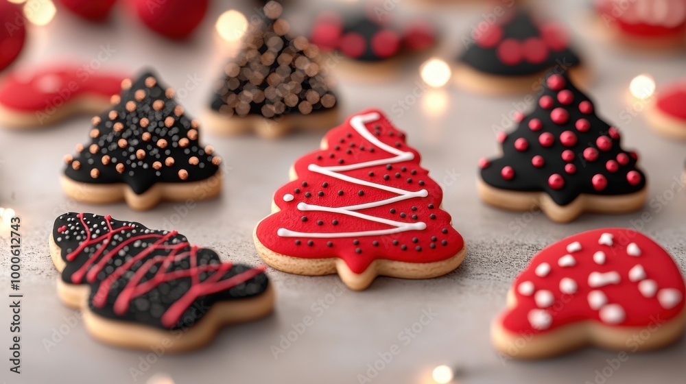 A row of Christmas cookies with red icing and black sprinkles. A row of Christmas cookies with red icing and black sprinkles.
