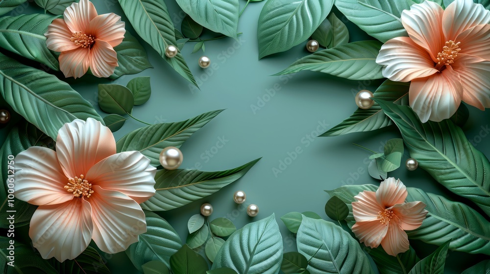Naklejka premium 3D Modern beautiful magonlia flower and green leaf green background and pearl 