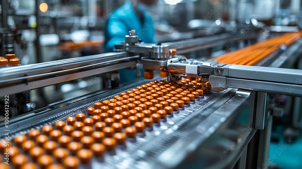 Industrial Manufacturing Production process A factory assembly line with robotic arms assembling electronic devices, robotic assembly, automated production