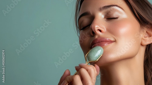 A realistic image of a woman in her late 30s using a jade roller to massage her skin, focusing on anti-aging beauty techniques. photo