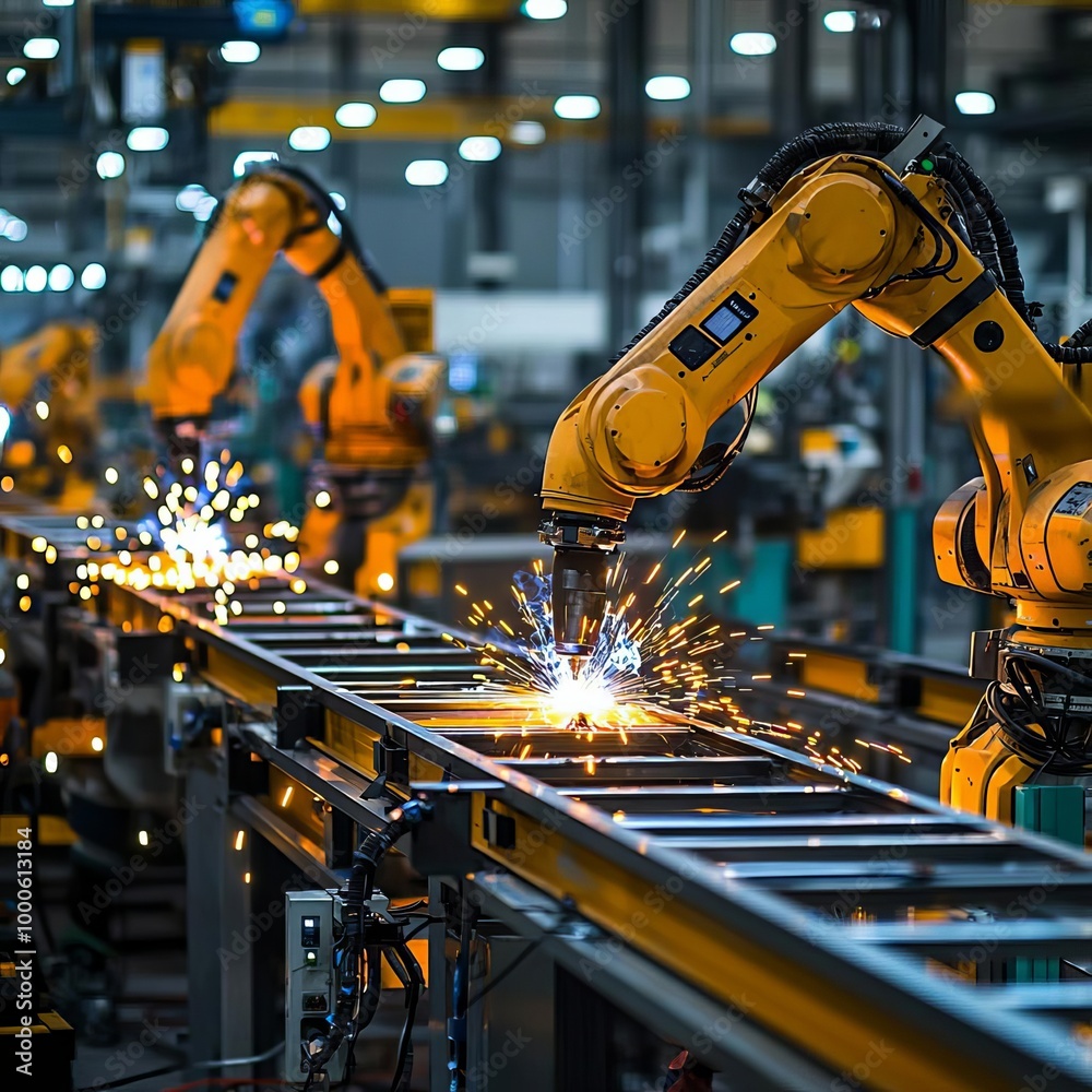 Industrial Manufacturing Production process Robotic arms assembling and welding steel frames in a manufacturing plant, steel frame production, robotic welding process