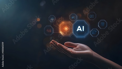 A hand holding an AI icons representing technology and security on a black background.