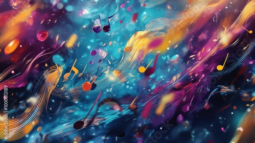 High-res close-up of a digital canvas, with music notes transforming into vivid abstract art, combining sound with a visual explosion of color.