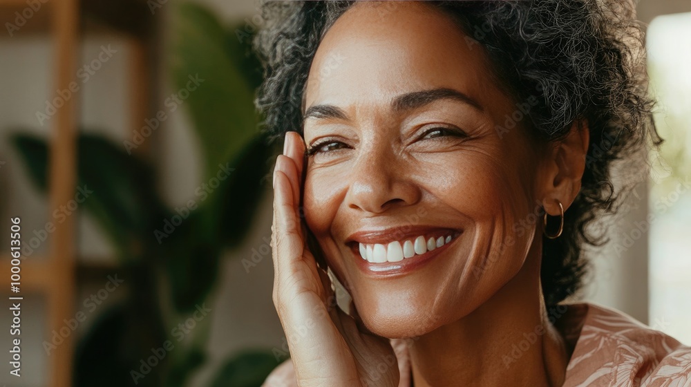 High-res image of a woman in her 40s smiling as she applies a night cream, promoting skincare for glowing, rested skin. High-res image of a woman in her 40s smiling as she applies a night cream, promoting skincare for glowing, rested skin.
