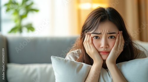 Anxious Young Woman Hiding Face with Pillow on Couch at Home