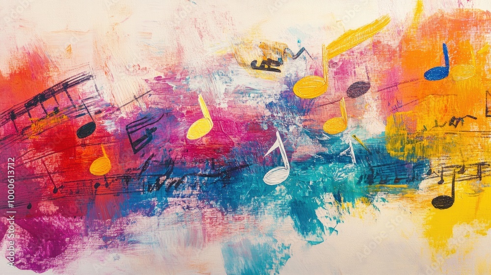 Fototapeta premium High-res photo of colorful notes in mid-air, floating across a minimalist abstract art canvas with light brush strokes and vivid colors.