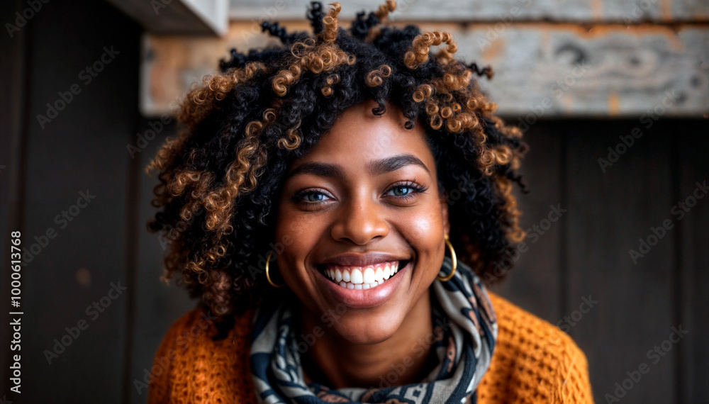 A young woman with curly hair is smiling at the camera. She is wearing a scarf and has blue eyes. A young woman with curly hair is smiling at the camera. She is wearing a scarf and has blue eyes.
