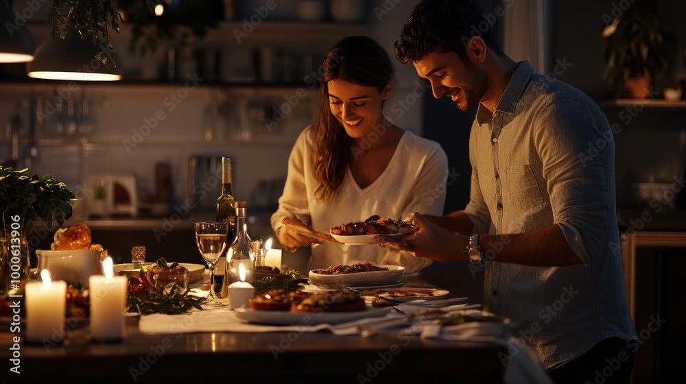 Realistic image of a man and woman hosting a small weekend dinner party, setting the table with candles and gourmet food. Realistic image of a man and woman hosting a small weekend dinner party, setting the table with candles and gourmet food.