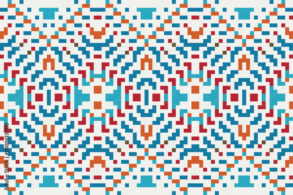 Fototapeta premium Boho Arabic Pattern Mehndifolk Embroidery, Aztec Geometric Ornament Print. Design for Carpet, Wallpaper, Clothing, Wrapping, Fabric