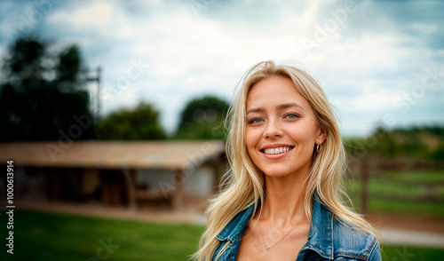 Happy young woman with blonde hair and blue eyes standing in a grassy field with a wooden structure, radiating joy and serenity.