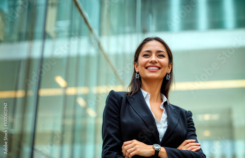Young woman in a black suit standing confidently in front of a modern building, smiling warmly.