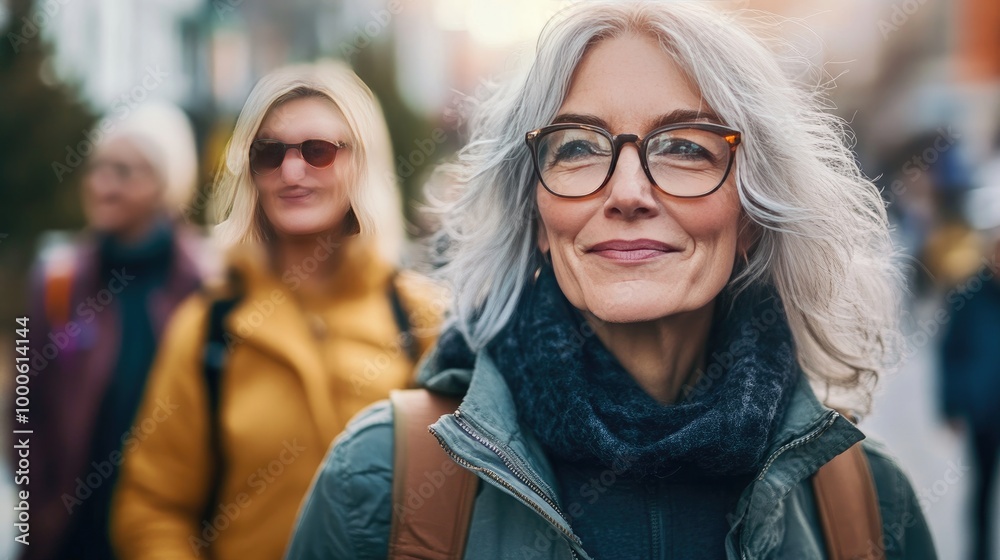 Realistic shot of a woman aged 40s taking a brisk walk with friends, promoting social connections and physical well-being. Realistic shot of a woman aged 40s taking a brisk walk with friends, promoting social connections and physical well-being.