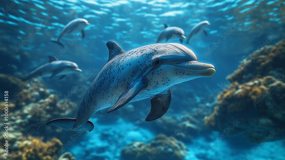 Obraz premium Close-up of dolphins swimming underwater in crystal-clear ocean, surrounded by coral reef, showcasing marine wildlife in natural habitat
