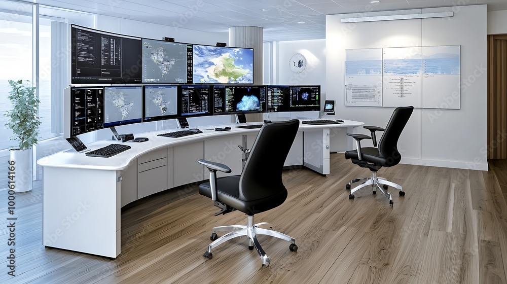 Fototapeta premium Modern Office Interior with Curved Desk and Multiple Monitors