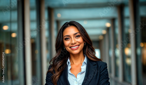 Confident young woman with long dark hair, wearing a black suit and white shirt, smiling warmly at the camera.