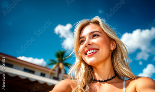 Smiling blonde woman standing under a sunny sky with clouds, exuding happiness and warmth.