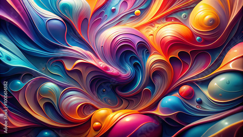 Vibrant abstract design featuring fluid forms and swirling colors, creating dynamic and energetic visual experience. interplay of hues evokes sense of movement and creativity