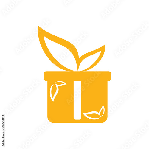 Gift box with leaves icon. Flat design Design element illustration of a gift in a gold box and a leaf-shaped ribbon and a leaf symbol on the box. a gift with a nature theme