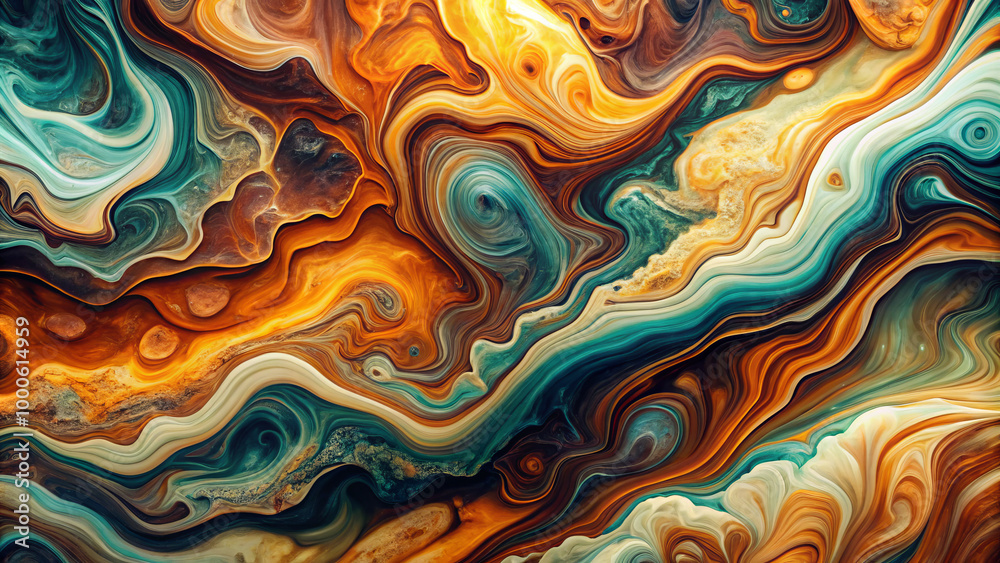 Fluid compositions in earthy tones create mesmerizing abstract pattern, showcasing vibrant swirls of orange, teal, and cream. This artwork evokes sense of movement and depth Fluid compositions in earthy tones create mesmerizing abstract pattern, showcasing vibrant swirls of orange, teal, and cream. This artwork evokes sense of movement and depth