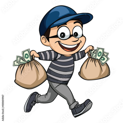 Cartoon vector illustration of a happy thief wearing a striped gray and black shirt, a blue cap with an eye mask, and running while holding two bags full of money