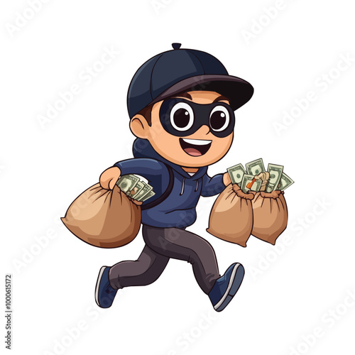Cartoon vector illustration of a happy thief wearing a striped gray and black shirt, a blue cap with an eye mask, and running while holding two bags full of money