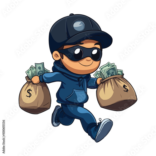 Cartoon vector illustration of a happy thief wearing a striped gray and black shirt, a blue cap with an eye mask, and running while holding two bags full of money