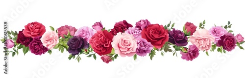Watercolor roses and peonies border, pastel pink, red, purple, green, and yellow colors on a white background, 
