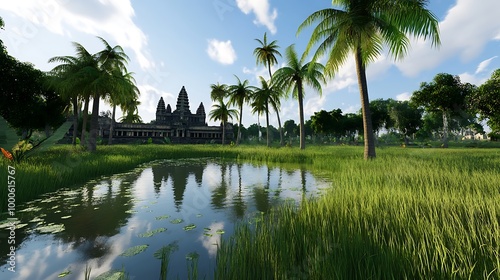 Ancient Temple Ruins in Lush Tropical Landscape with Pond photo