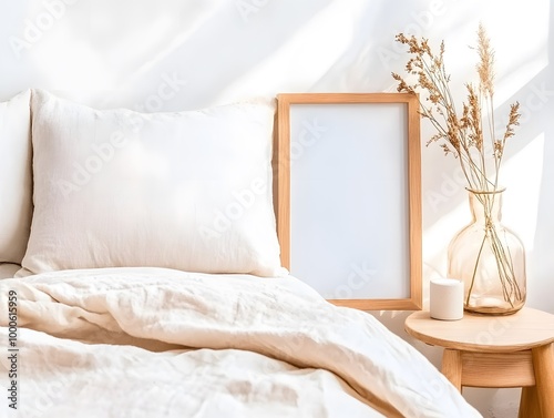 Blank wooden frame near cozy bedroom setting.