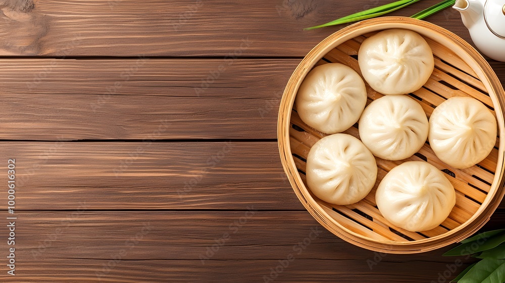 Dim sum traditional cuisine, A bamboo steamer basket filled with fluffy white buns sits on a wooden surface, evoking a sense of warmth and comfort in Asian cuisine. Dim sum traditional cuisine, A bamboo steamer basket filled with fluffy white buns sits on a wooden surface, evoking a sense of warmth and comfort in Asian cuisine.